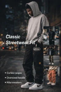 classic streetwear outfit with corteiz cargo pants and oversized hoodie