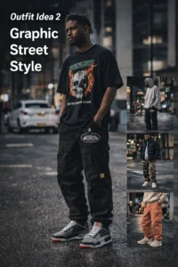 black corteiz cargos outfit with graphic t shirt and jordan sneakers streetwear style