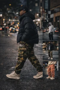 camo corteiz cargo pants outfit with black puffer jacket and chunky sneakers streetwear look